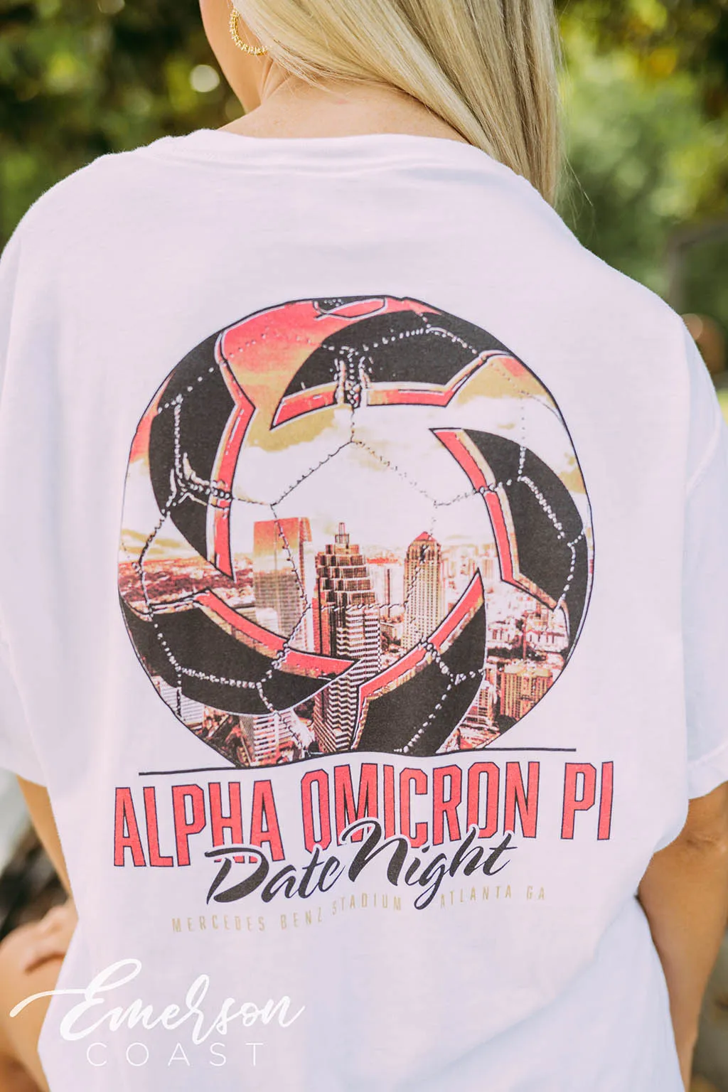 Alpha Omicron Pi Date Night Soccer Ball Skyline Tee