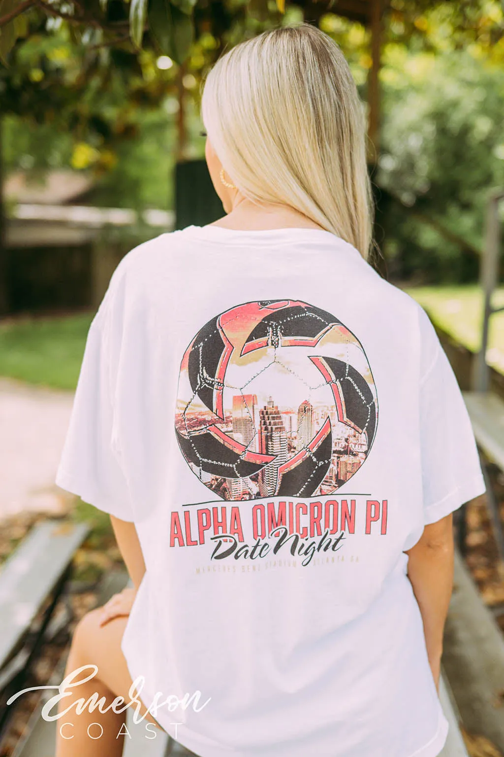 Alpha Omicron Pi Date Night Soccer Ball Skyline Tee