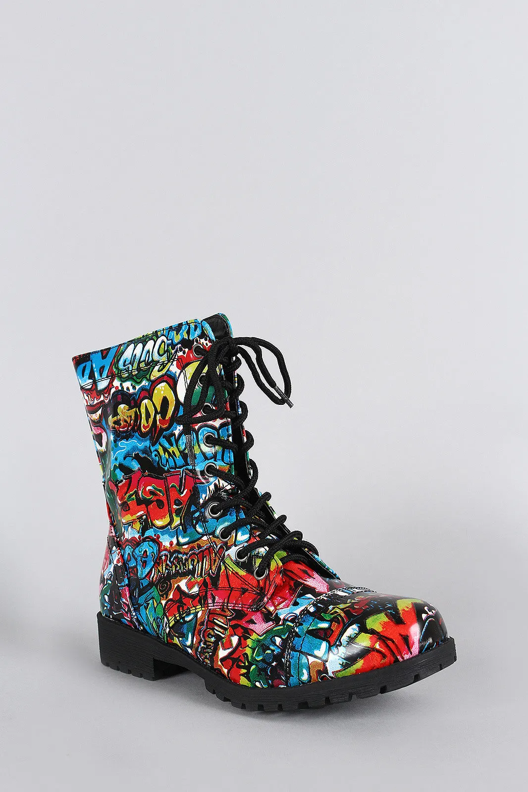 Bamboo Graffiti Round Toe Lace Up Lug Sole Combat Ankle Boots