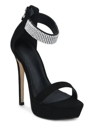 Black Micro Diamante Ankle Strap Platform Stilettos