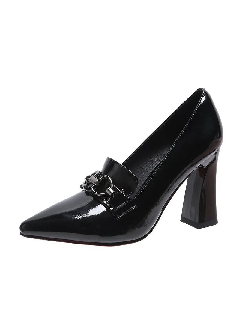 Buckle Pointed Shallow Thick Heel Patent Leather Shoes