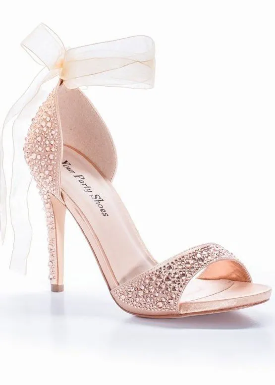 Carley Rose Gold Shoes High Heel Bow Formal Strap Crystal Wedding Prom Wear