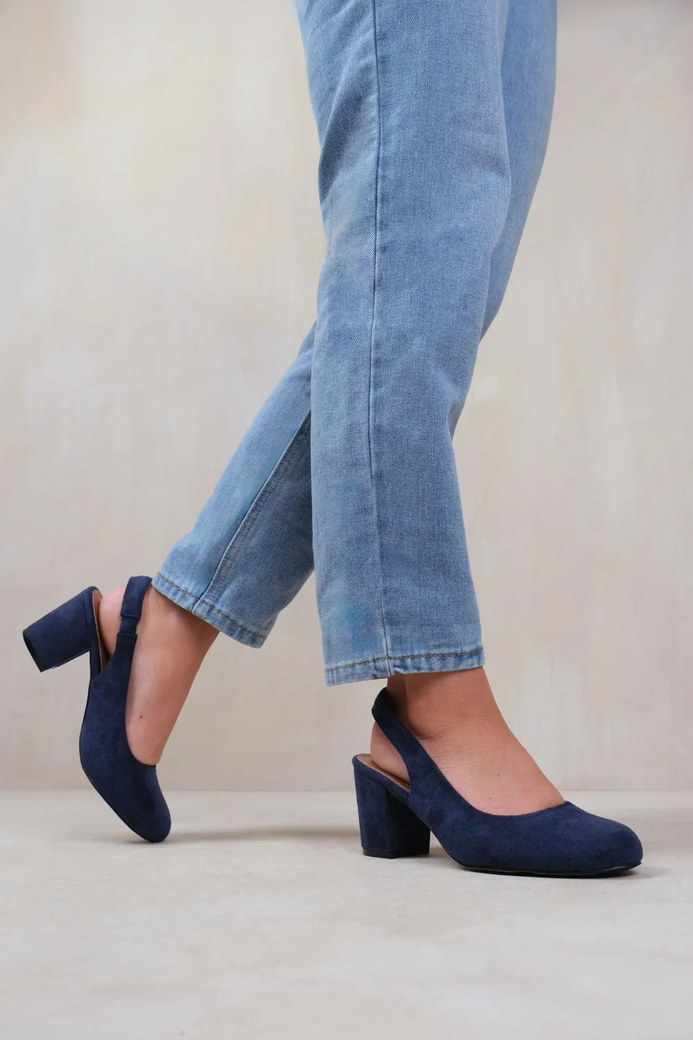 EDITH WIDE FIT BLOCK HEEL SLINGBACK SHOES IN NAVY SUEDE