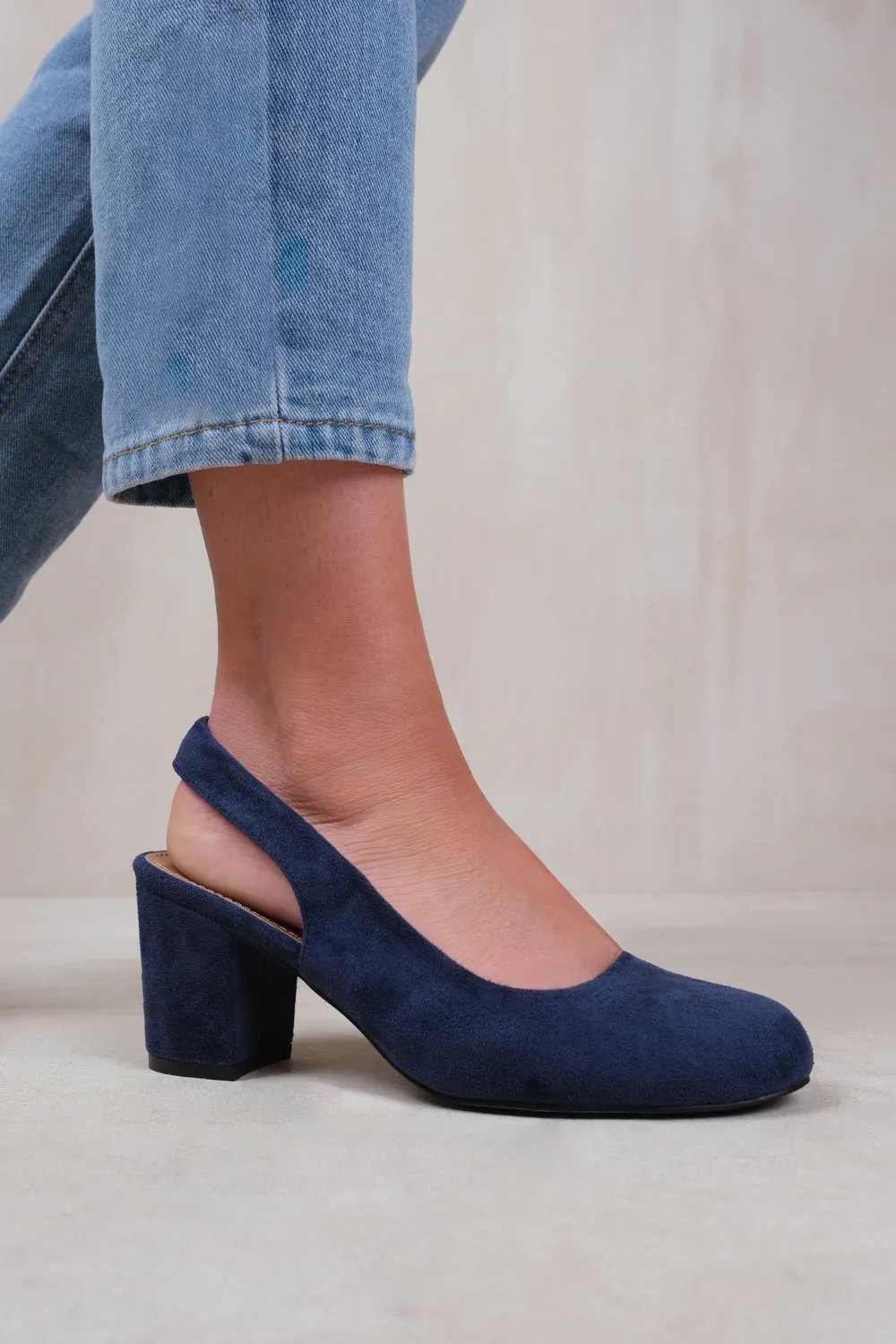 EDITH WIDE FIT BLOCK HEEL SLINGBACK SHOES IN NAVY SUEDE