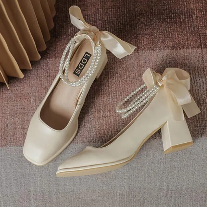 Elegant Pearl Bow High-heeled Shoes