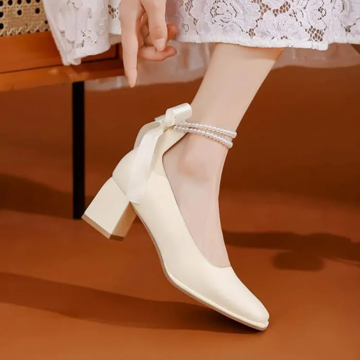 Elegant Pearl Bow High-heeled Shoes