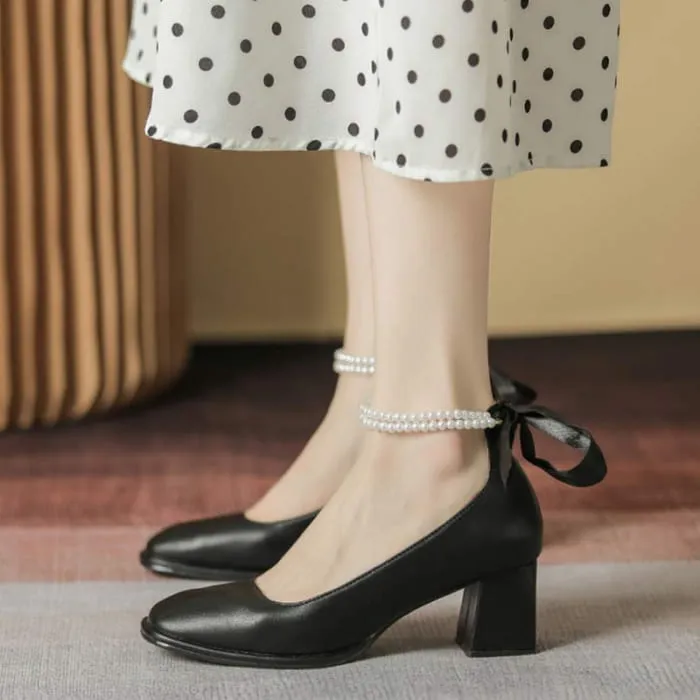 Elegant Pearl Bow High-heeled Shoes