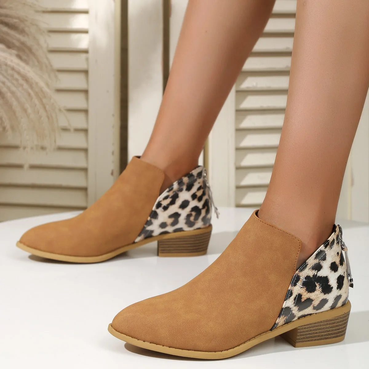 Fashion Leopard Print Boots Women's Pointed Thick Heels Back Zipper Shoes