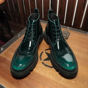 Gradient Green High Top Shoes Men's Leather Brogue Style