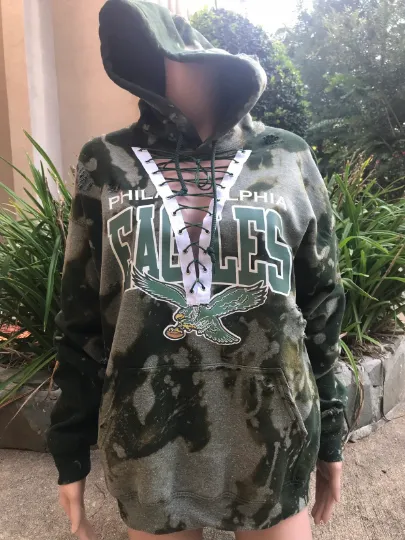 Handmade Philadelphia Eagles Vintage Bird Green Bleached Distressed Lace Up Hoodie