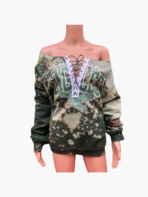 Handmade Philadelphia Eagles Vintage Bird Green Bleached Distressed Lace Up Off Shoulder Sweatshirt