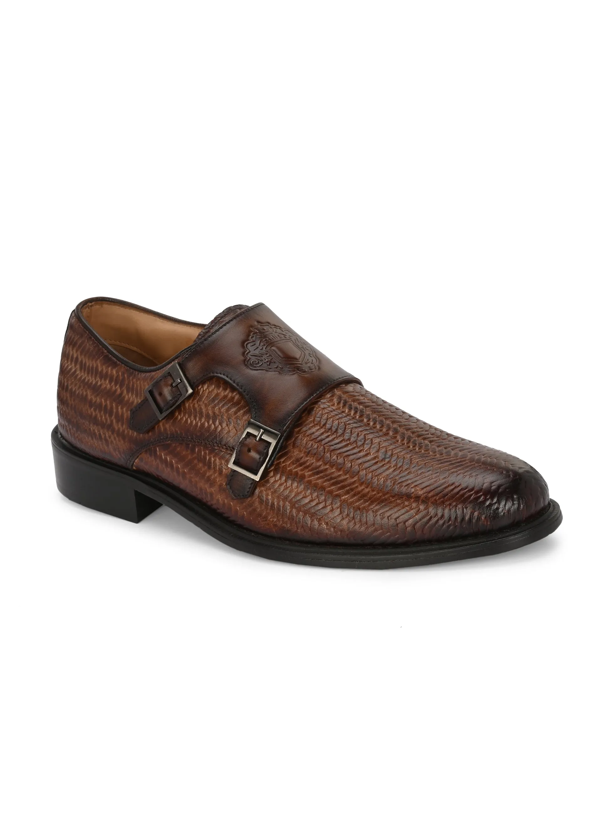 Hitz Men's Brown Leather Double Monk Strap Party Wear Shoes