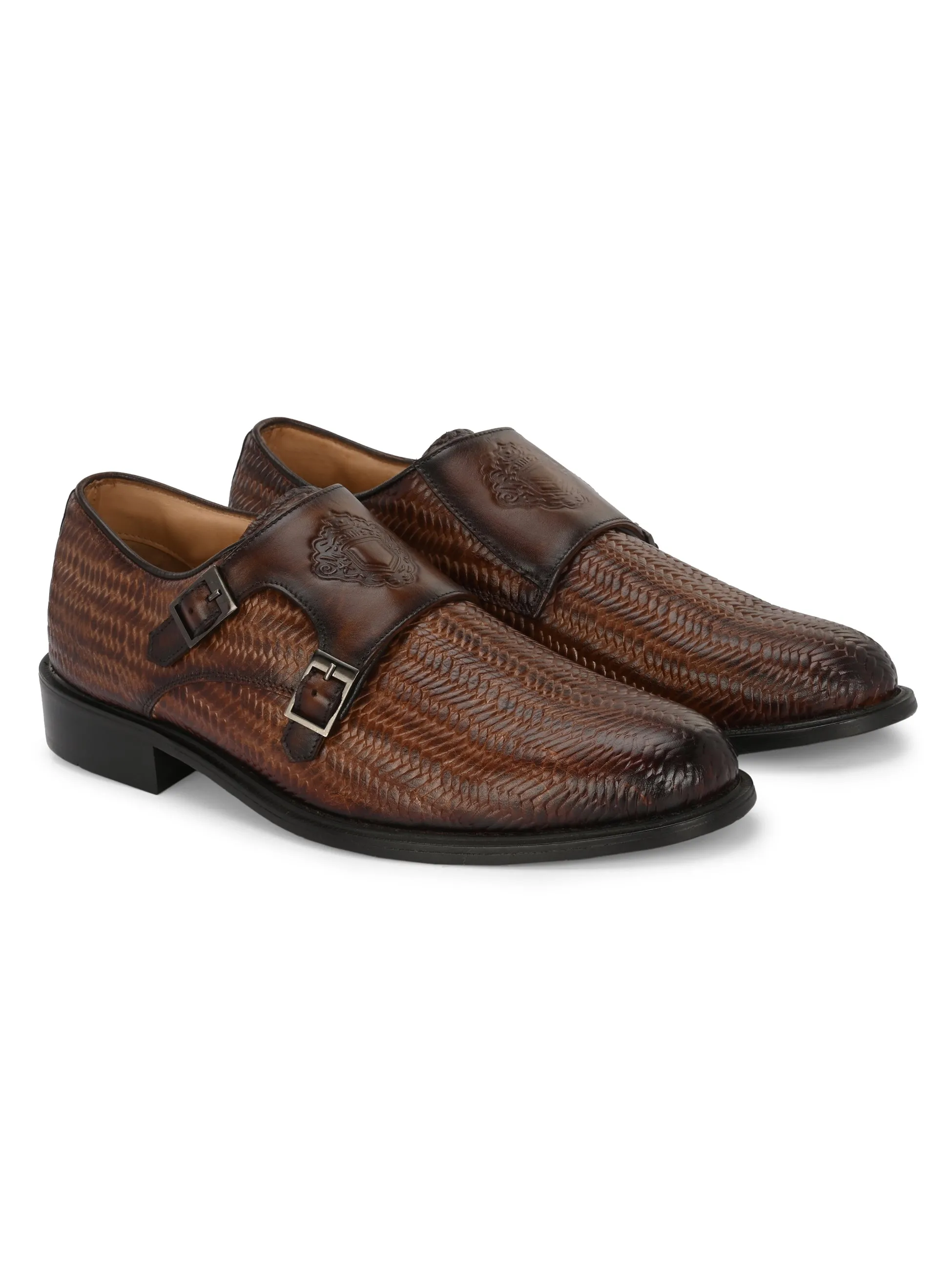 Hitz Men's Brown Leather Double Monk Strap Party Wear Shoes