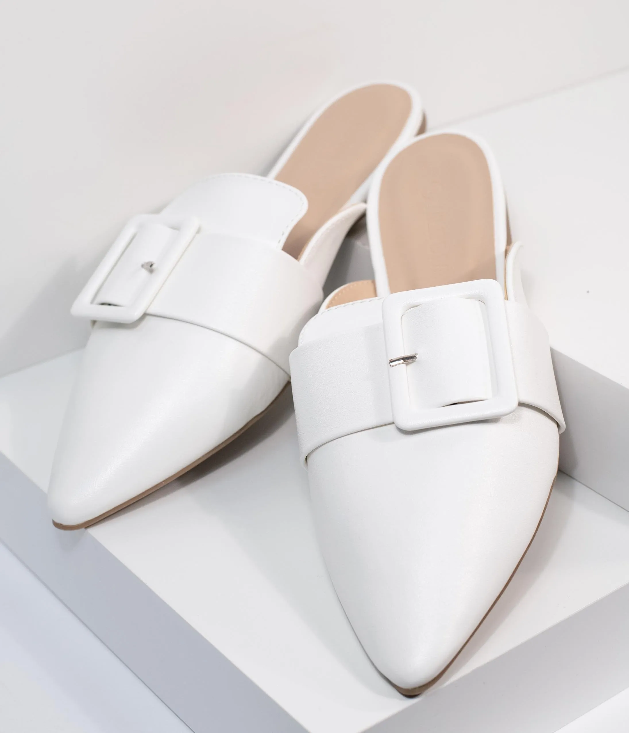 Ivory Leatherette Buckle Mule Flats