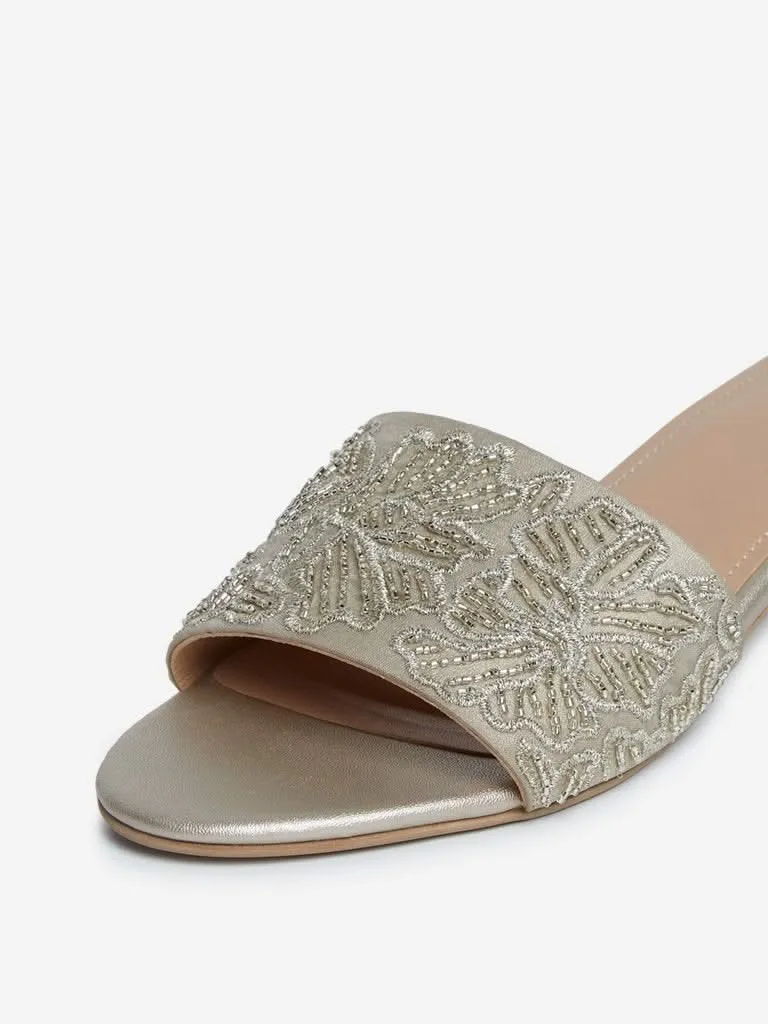 LUNA BLU Beige Floral Embroidered Sandals