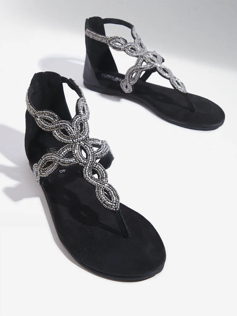 LUNA BLU Black Embellished T-Strap Sandals