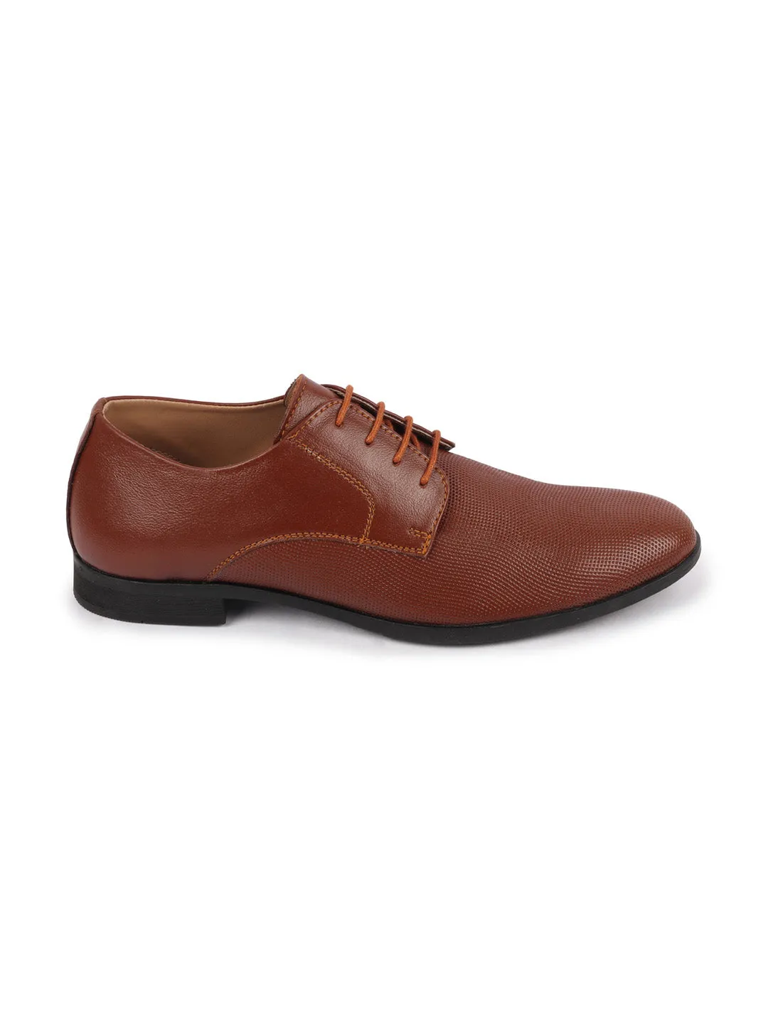 Men Tan Formal Office Textured Design Stitched Genuine Leather Lace Up Shoes