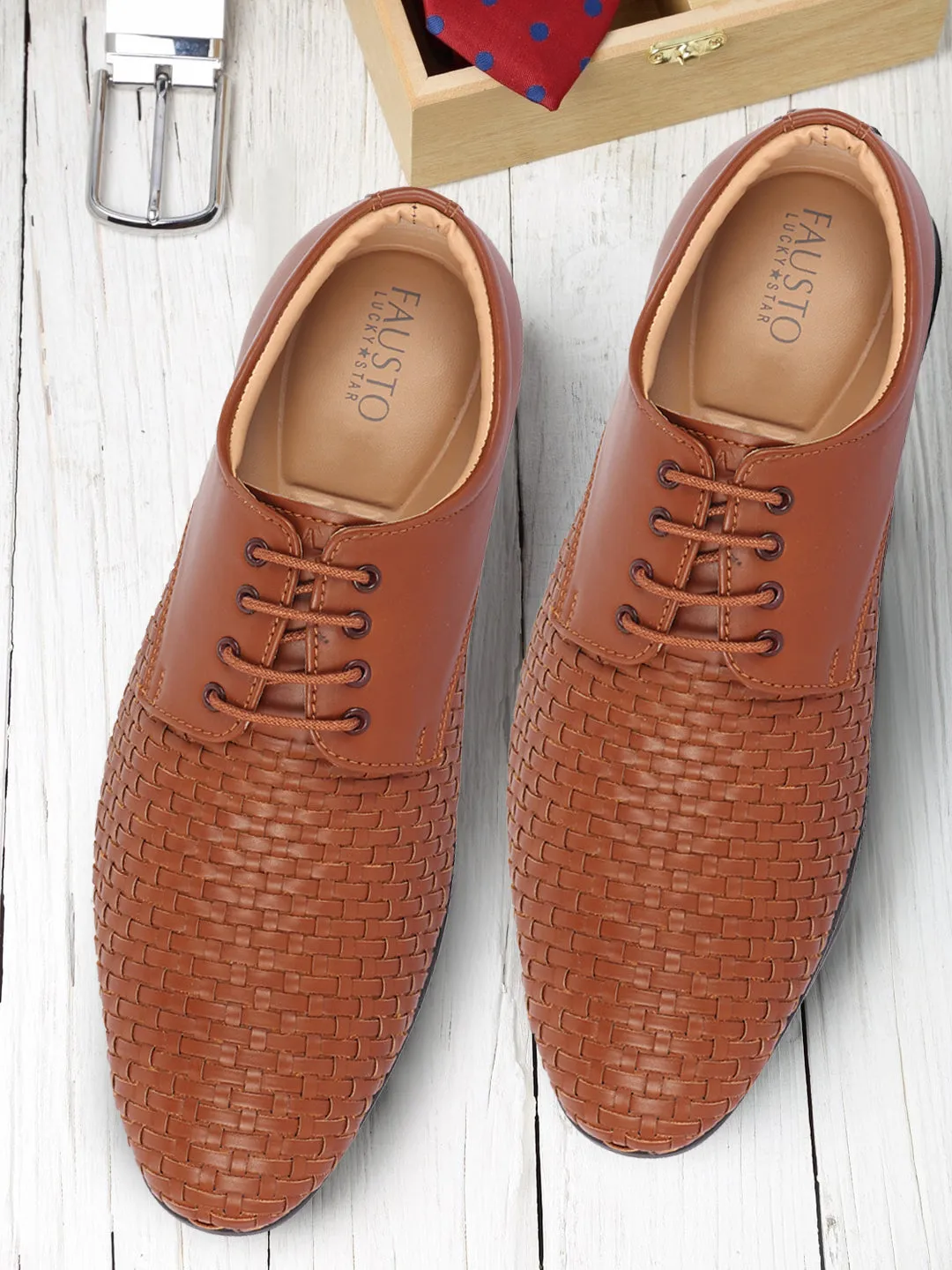 Men Tan Knit Design Formal/Office Lace Up Shoes