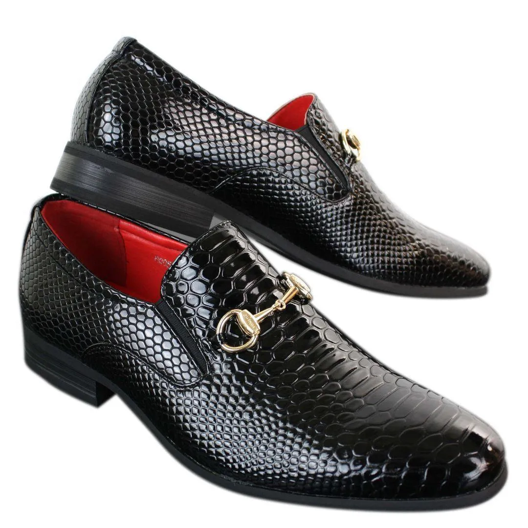 Mens Black Patent Shiny Slip On PU Snake Crocodile Leather Shoes Gold Buckle