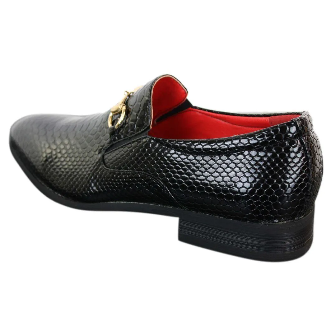 Mens Black Patent Shiny Slip On PU Snake Crocodile Leather Shoes Gold Buckle