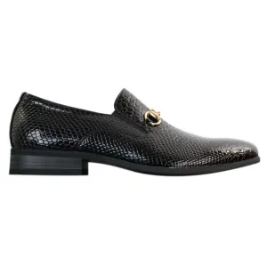 Mens Black Patent Shiny Slip On PU Snake Crocodile Leather Shoes Gold Buckle