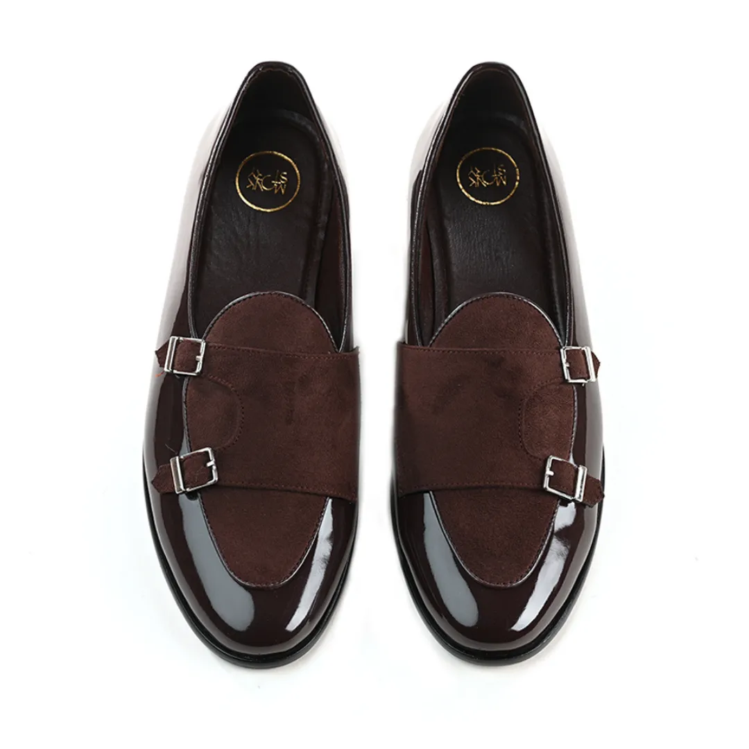 Monkstory Luxious Patent Double Monk Slip Ons - Brown