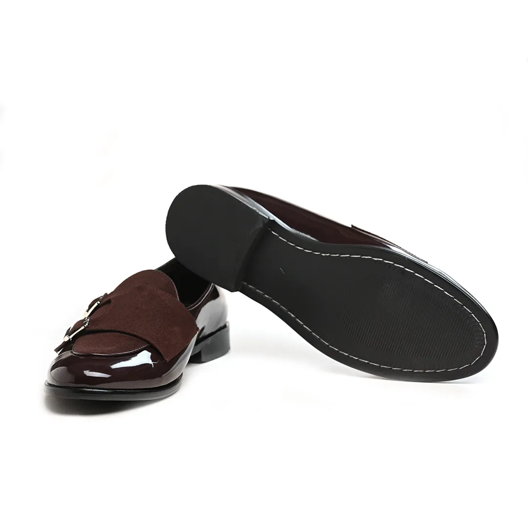 Monkstory Luxious Patent Double Monk Slip Ons - Brown