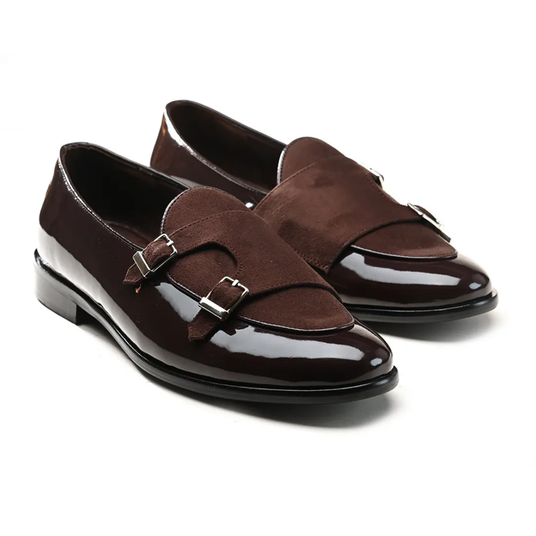 Monkstory Luxious Patent Double Monk Slip Ons - Brown