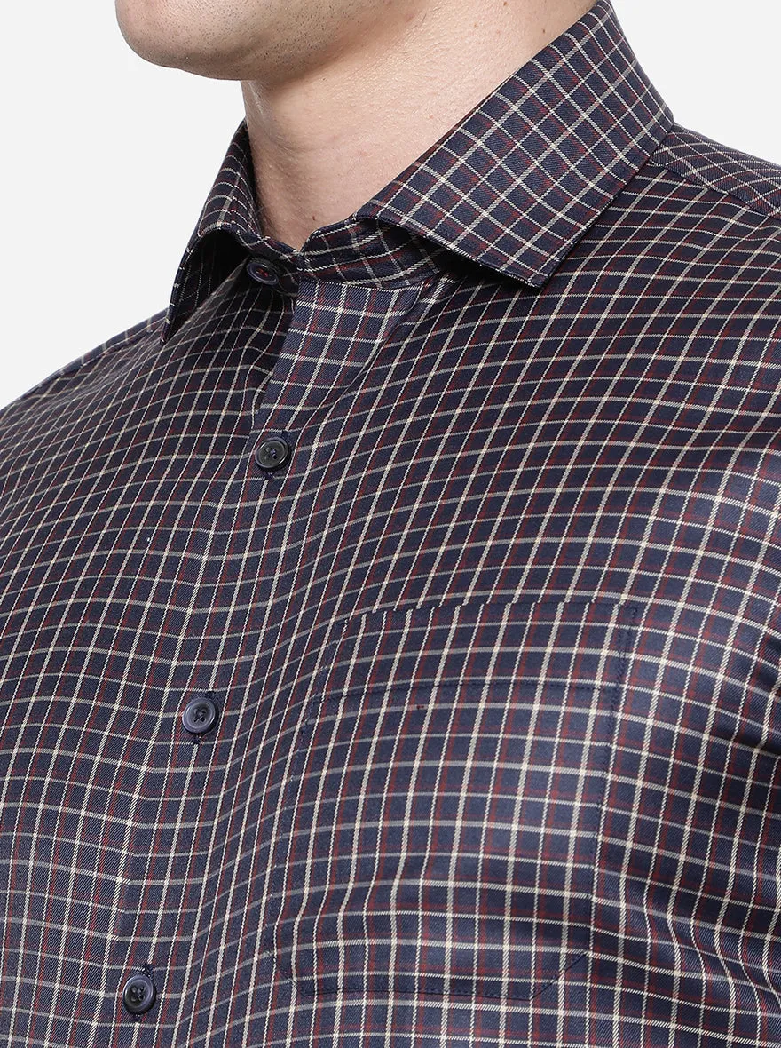 Navy Blue & Rust Checked Slim Fit Formal Shirt | Greenfibre