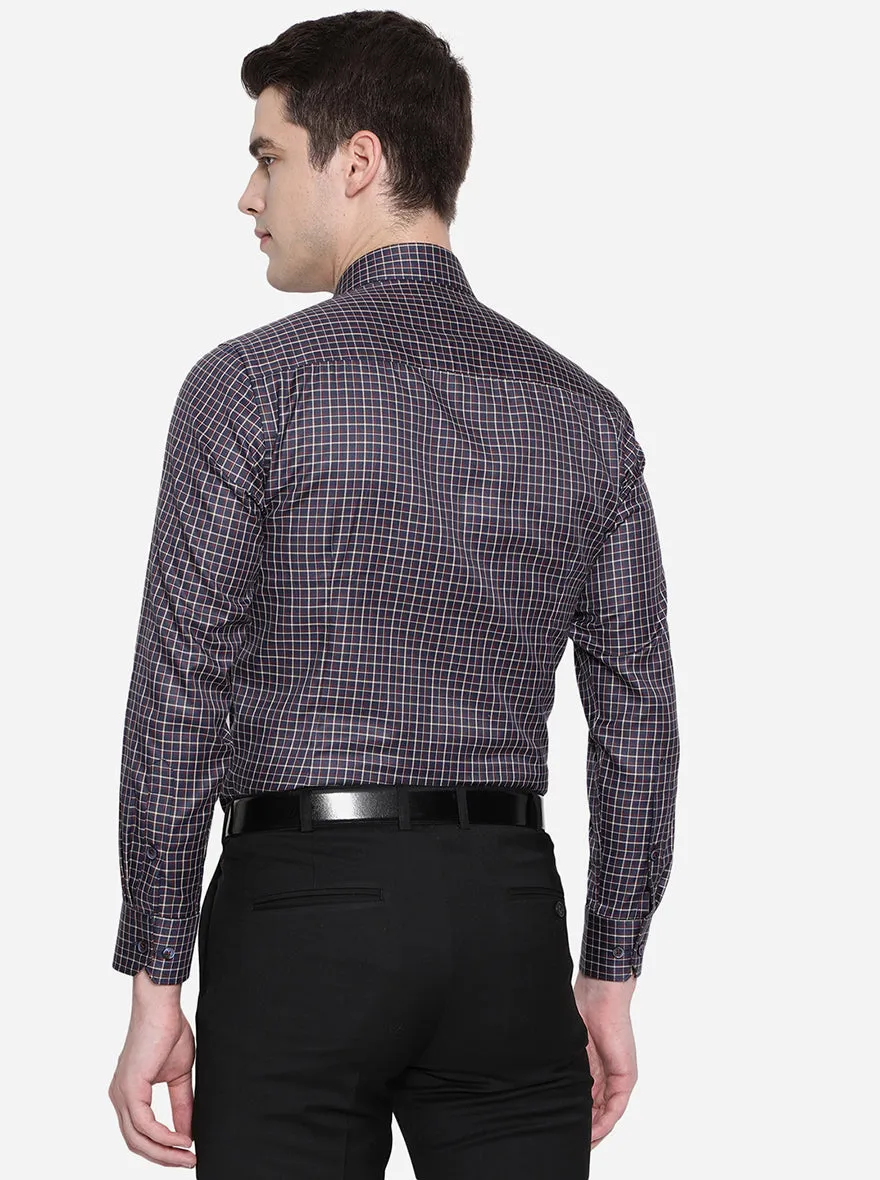 Navy Blue & Rust Checked Slim Fit Formal Shirt | Greenfibre