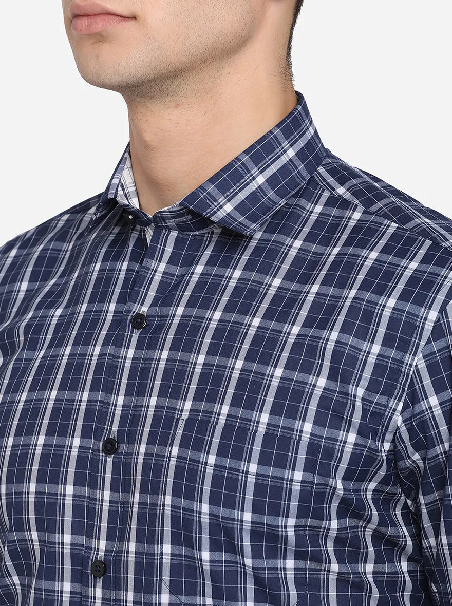 Navy Blue & White Checked Regular Fit Formal Shirt | Greenfibre