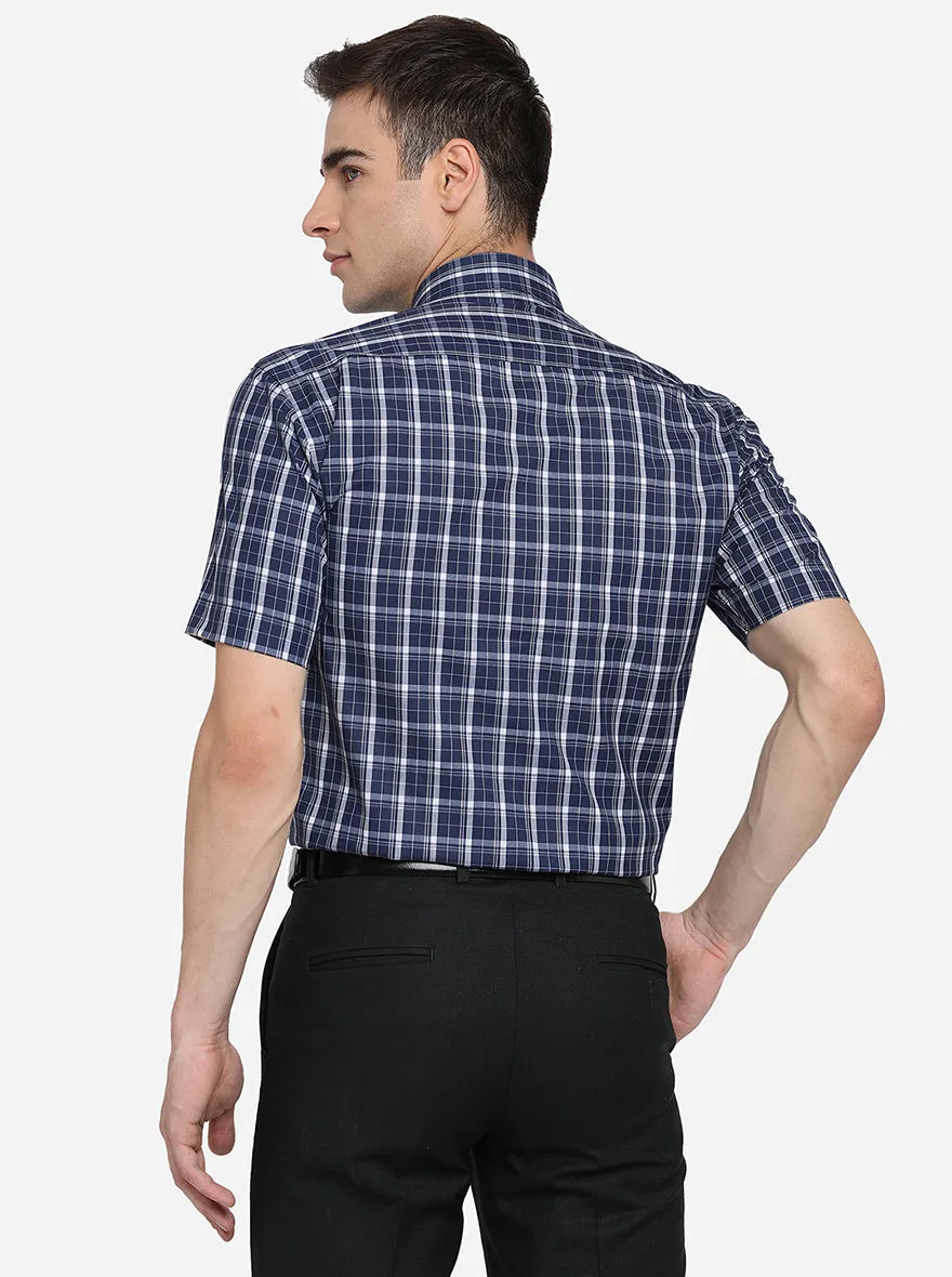 Navy Blue & White Checked Regular Fit Formal Shirt | Greenfibre