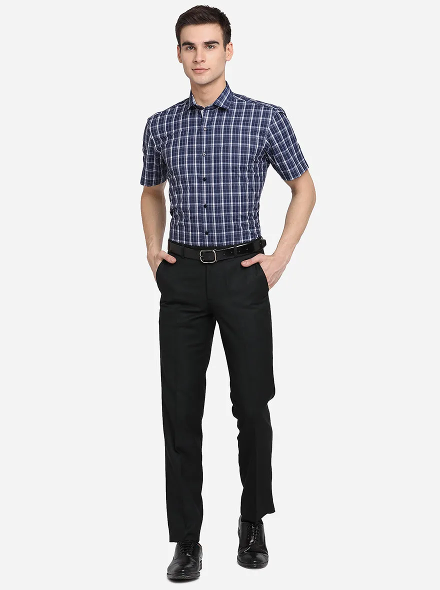 Navy Blue & White Checked Regular Fit Formal Shirt | Greenfibre