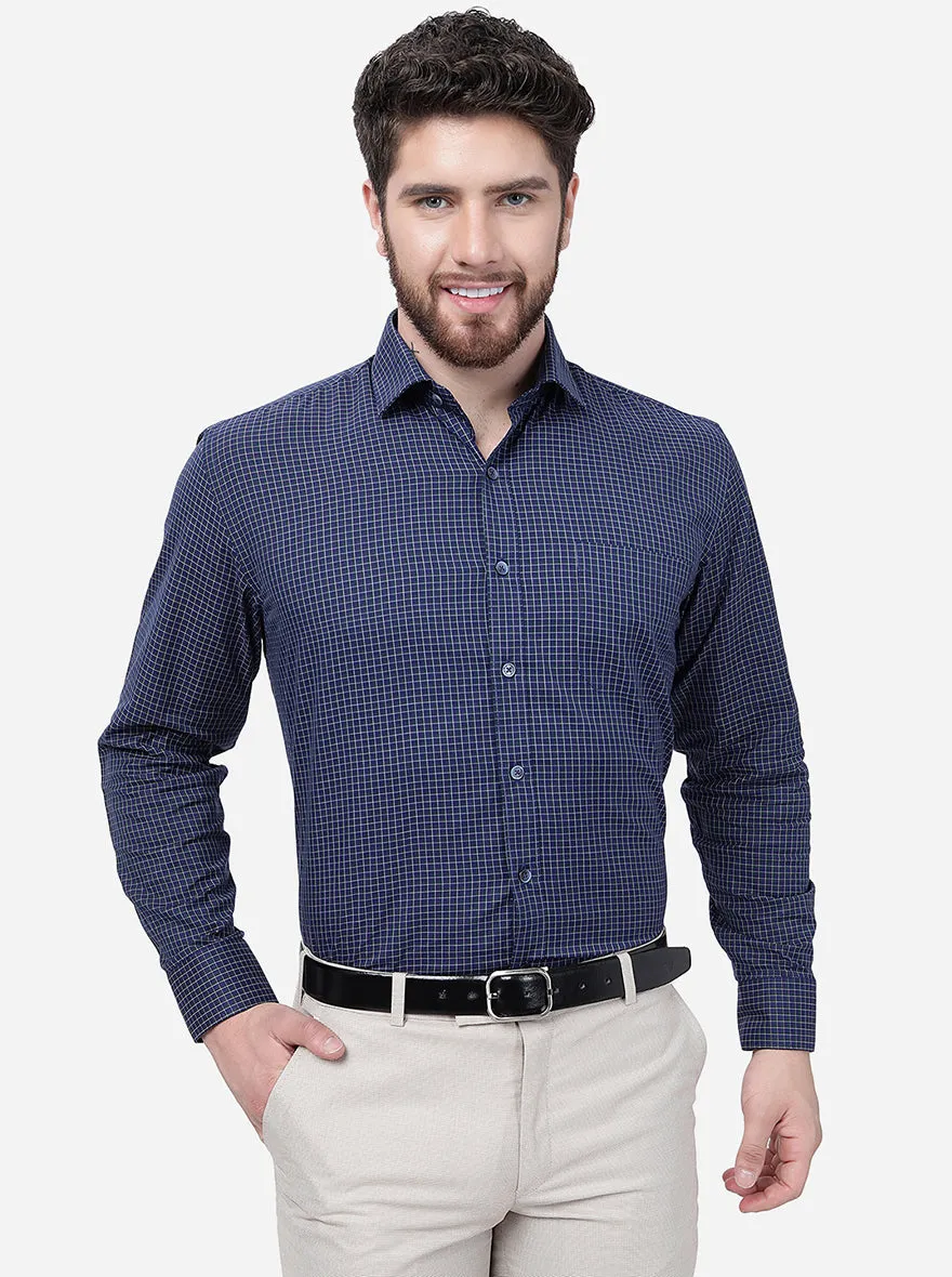 Navy Blue Checked Regular Fit Formal Shirt | JadeBlue