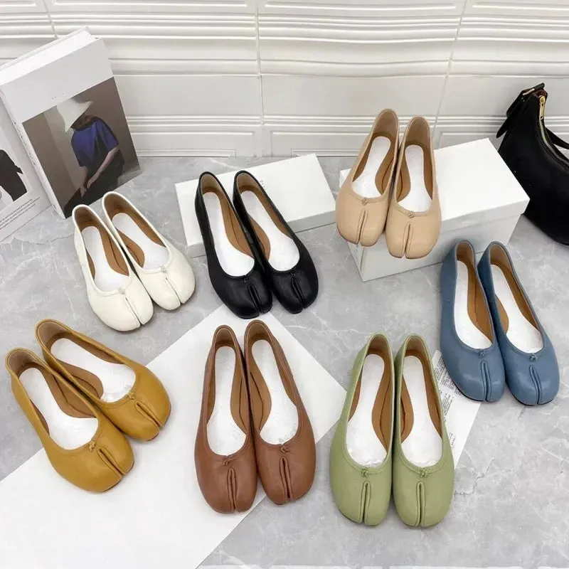 new sheepskin split toe single shoes women's leather flat bottom pig's hoof grandma shoes shallow mouth ballet Lefu shoes flats