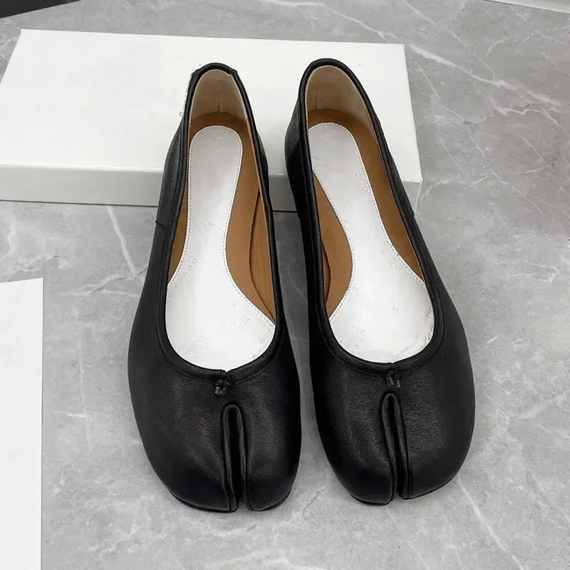 new sheepskin split toe single shoes women's leather flat bottom pig's hoof grandma shoes shallow mouth ballet Lefu shoes flats