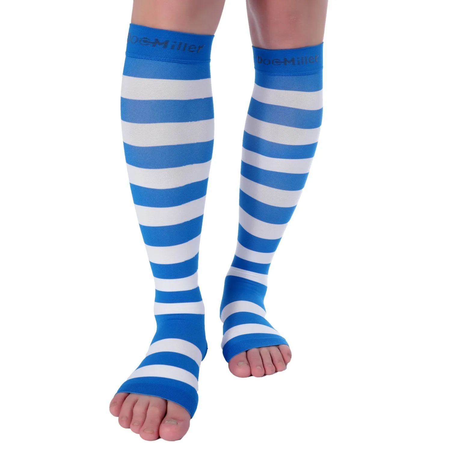 Open Toe Compression Sleeve 15-20 mmHg BLUE/WHITE by Doc Miller