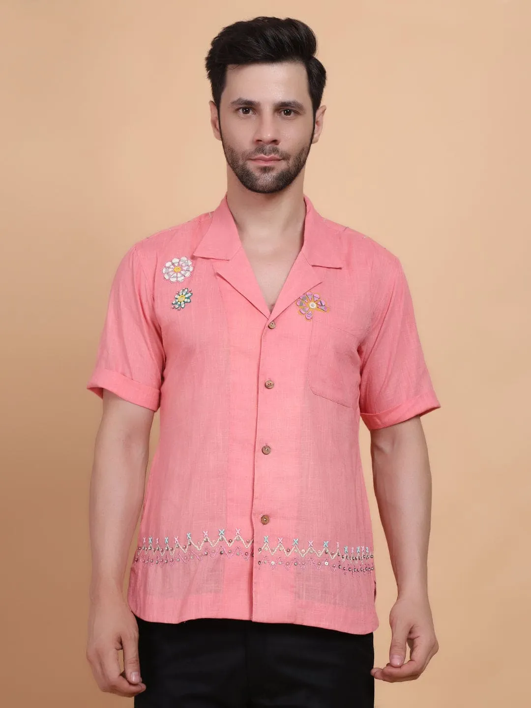 Pink Mirror Work Men Shirt