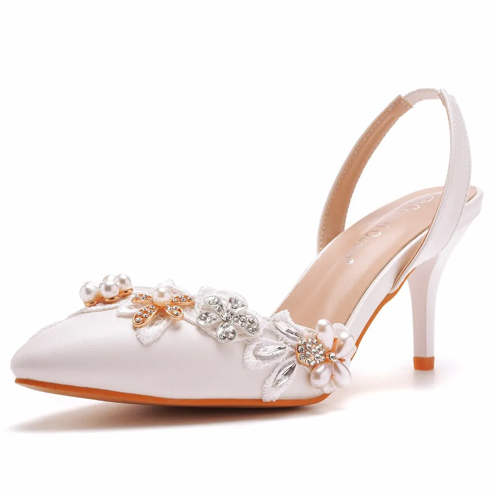 Pointed Toe Pearl Lace Appliques Decor Slingback High Heels