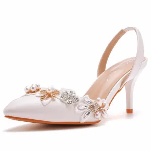 Pointed Toe Pearl Lace Appliques Decor Slingback High Heels