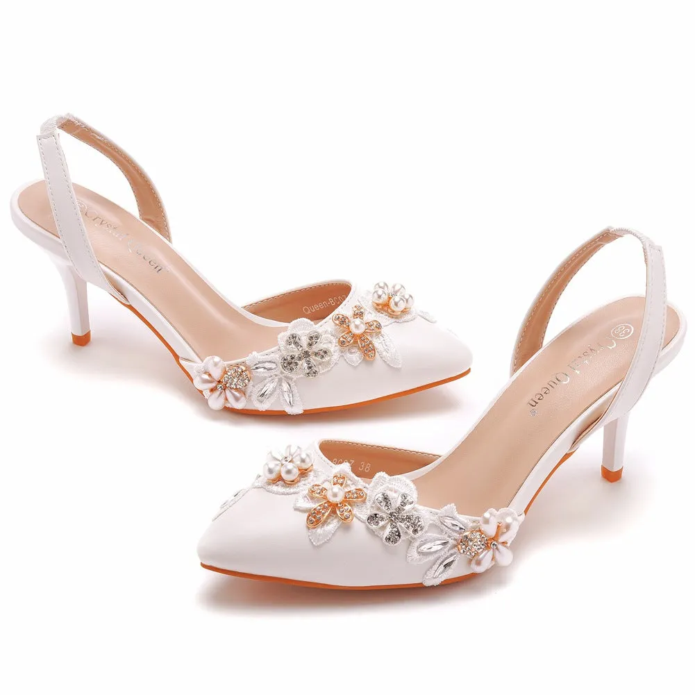 Pointed Toe Pearl Lace Appliques Decor Slingback High Heels