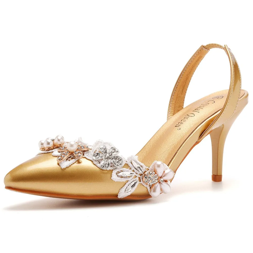 Pointed Toe Pearl Lace Appliques Decor Slingback High Heels