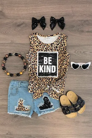 "Be Kind" Leopard Distressed Denim Short Set