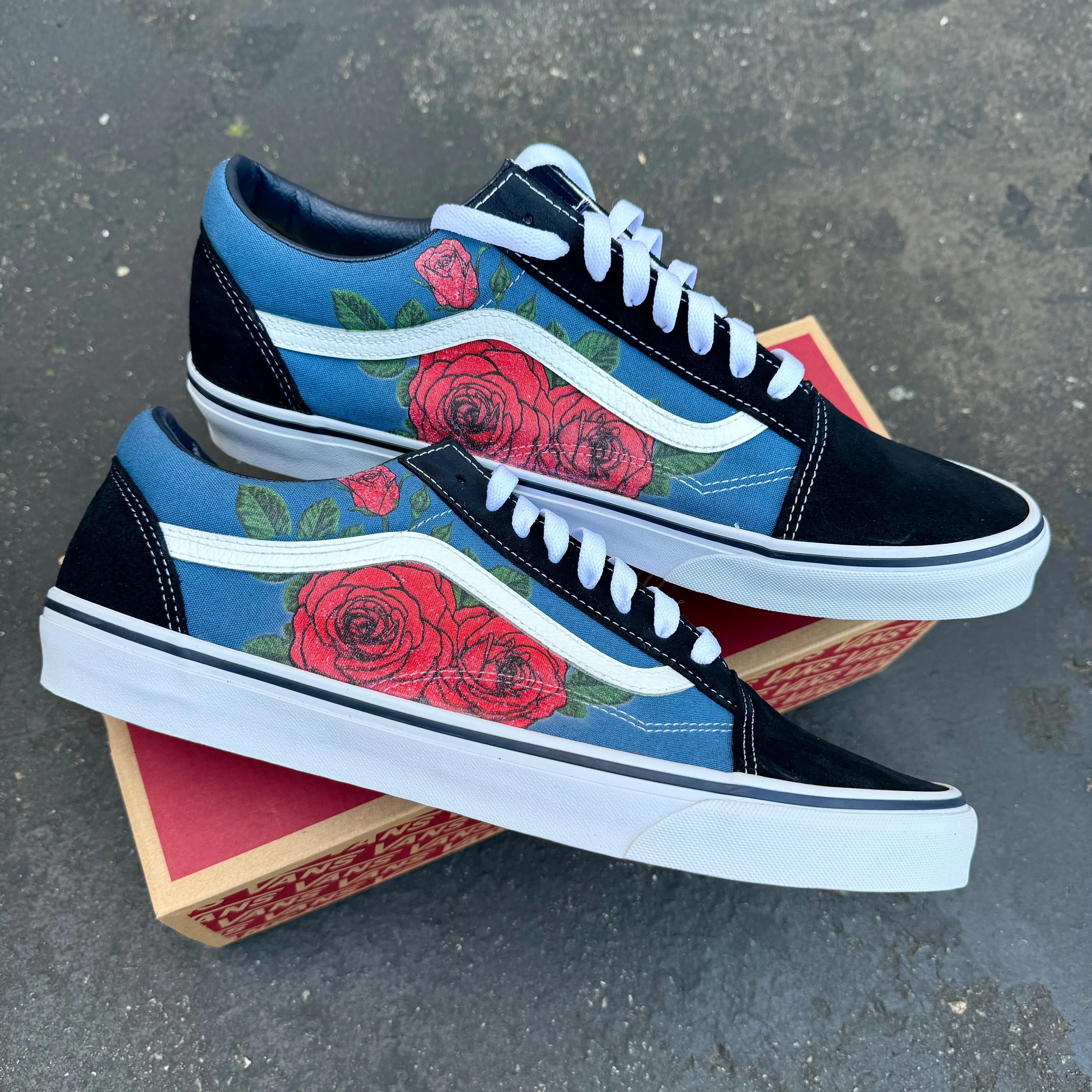 Red Roses on Vans Old Skool Shoes for Women and Men