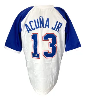 Ronald Acuna Jr Signed Custom White Throwback Pro-Style Baseball Jersey BAS ITP