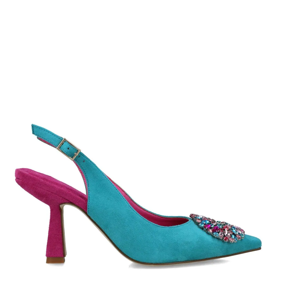 Sagittae heels in 2 tone Turquoise and Fuschia by Menbur