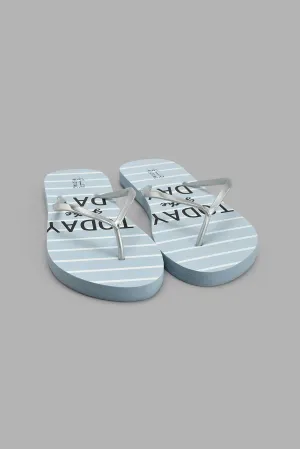 Silver And Teal Flip Flop With Slogan