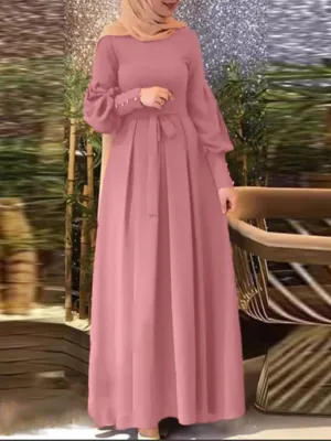 Stunning Long Sleeve Crew Neck Kaftan Maxi Dress - Elegant Tie Waist Design, Flowy Plain Color Fabric, Comfortable Women's Clothing for Everyday Wear - Perfect for Formal Occasions and Casual Events