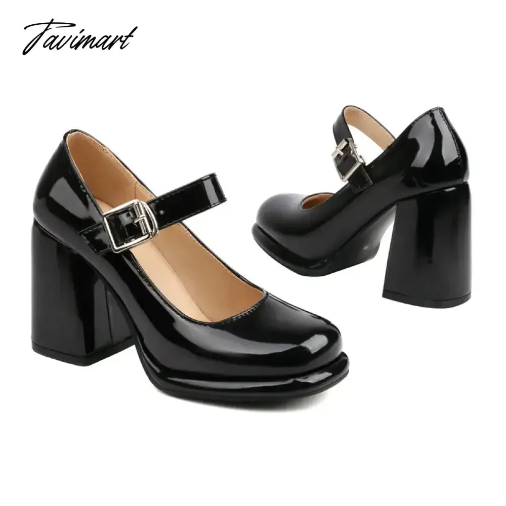 Tavimart PU Patent Leather Solid Black White Closed Toe Women's Shoes Wide Buckle Strap Chunky High Heels For Woman Mary Janes Bride Shoe