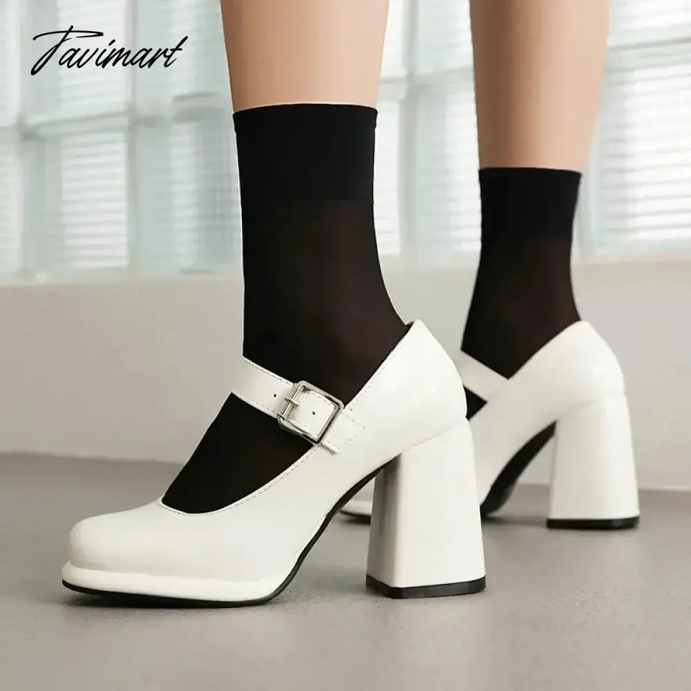 Tavimart PU Patent Leather Solid Black White Closed Toe Women's Shoes Wide Buckle Strap Chunky High Heels For Woman Mary Janes Bride Shoe